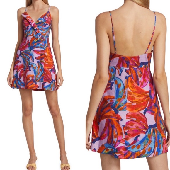 Farm Rio Colored Banana Wrap Mini Dress Linen - Picture 1 of 12